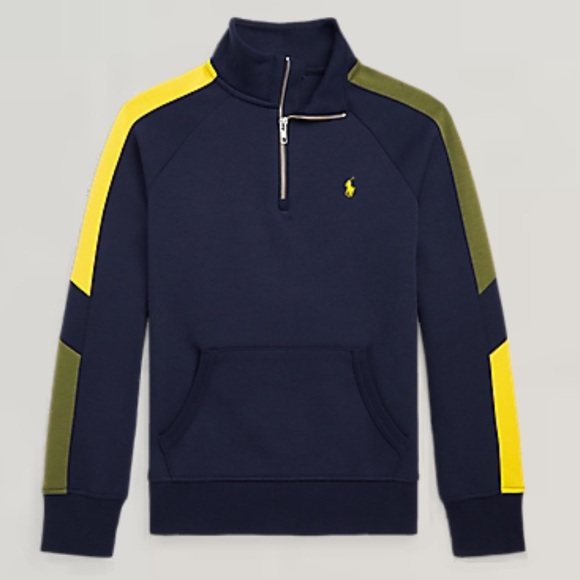 Polo Ralph Lauren Quarter Zip Navy Blue Sweater w/Colorblock Shoulder Panels - Picture 1 of 16